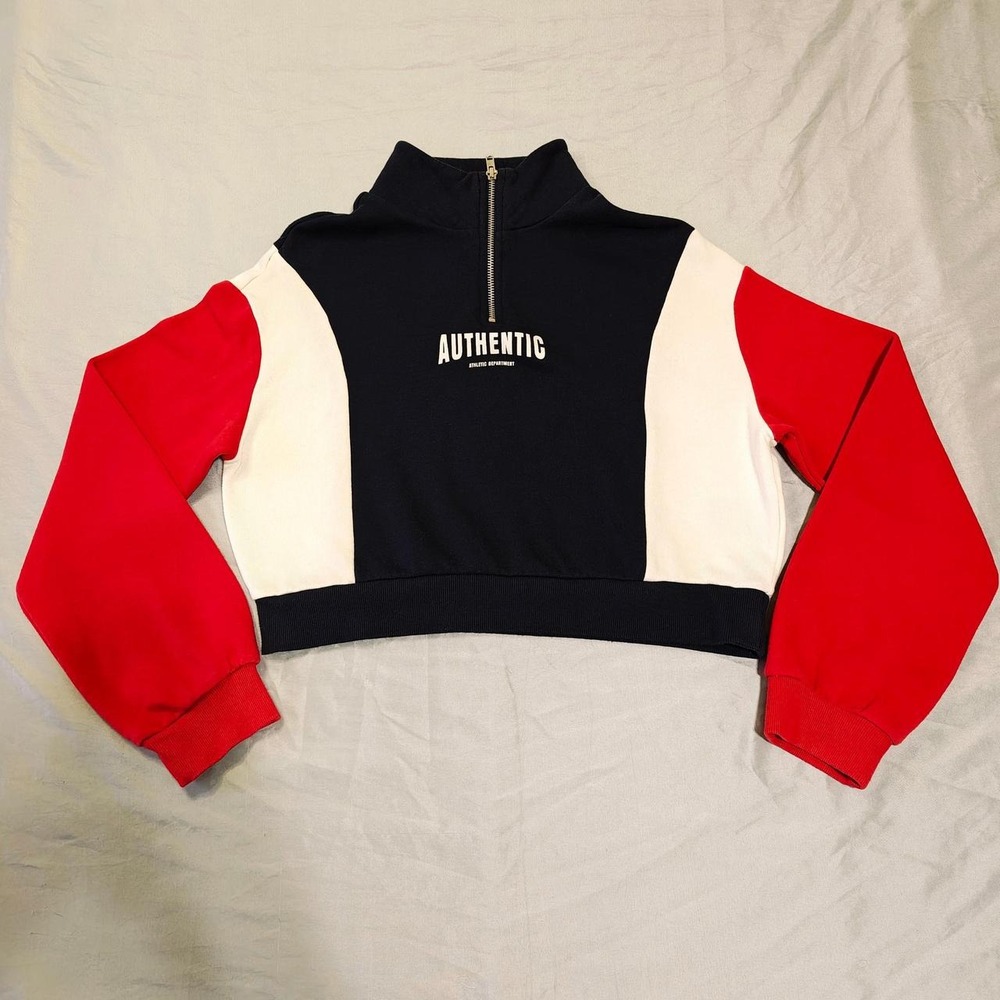 HM Divided Women XS Cropped Quarter Zip Sweatshirt Colorblock Navy Red White